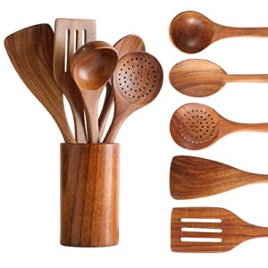 wooden spoons for cooking, tmkit cooking utensils set of 6 natural teak wooden cooking spatulas with utensils holder comfort grip wooden kitchen utensils for nonstick cookware