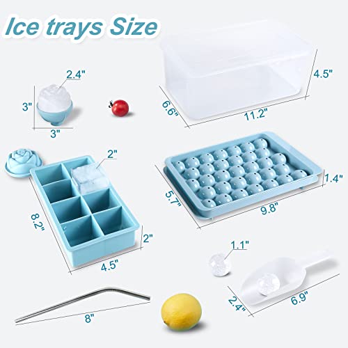 Bavbiiy Ice Cube Tray with 3 Different Shapes, Ice Trays for Freezer with Lid and Bin Large Square Silicone Molds Circle Rose Round Ice Cube Mold Ice Ball Maker Mold Container, for Whiskey Tea Coffee