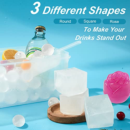 Bavbiiy Ice Cube Tray with 3 Different Shapes, Ice Trays for Freezer with Lid and Bin Large Square Silicone Molds Circle Rose Round Ice Cube Mold Ice Ball Maker Mold Container, for Whiskey Tea Coffee