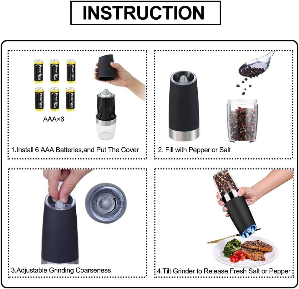 Gravity Electric Salt and Pepper Grinder Set, Automatic Pepper and Salt Mill Grinder Battery-Operated with Adjustable Coarseness, LED Light, One Hand Operated By Rongyuxuan