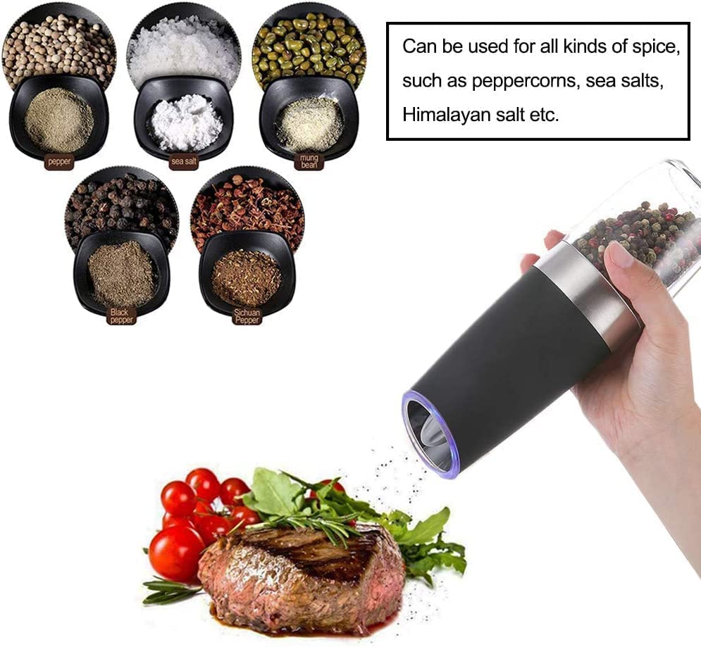 Gravity Electric Salt and Pepper Grinder Set, Automatic Pepper and Salt Mill Grinder Battery-Operated with Adjustable Coarseness, LED Light, One Hand Operated By Rongyuxuan