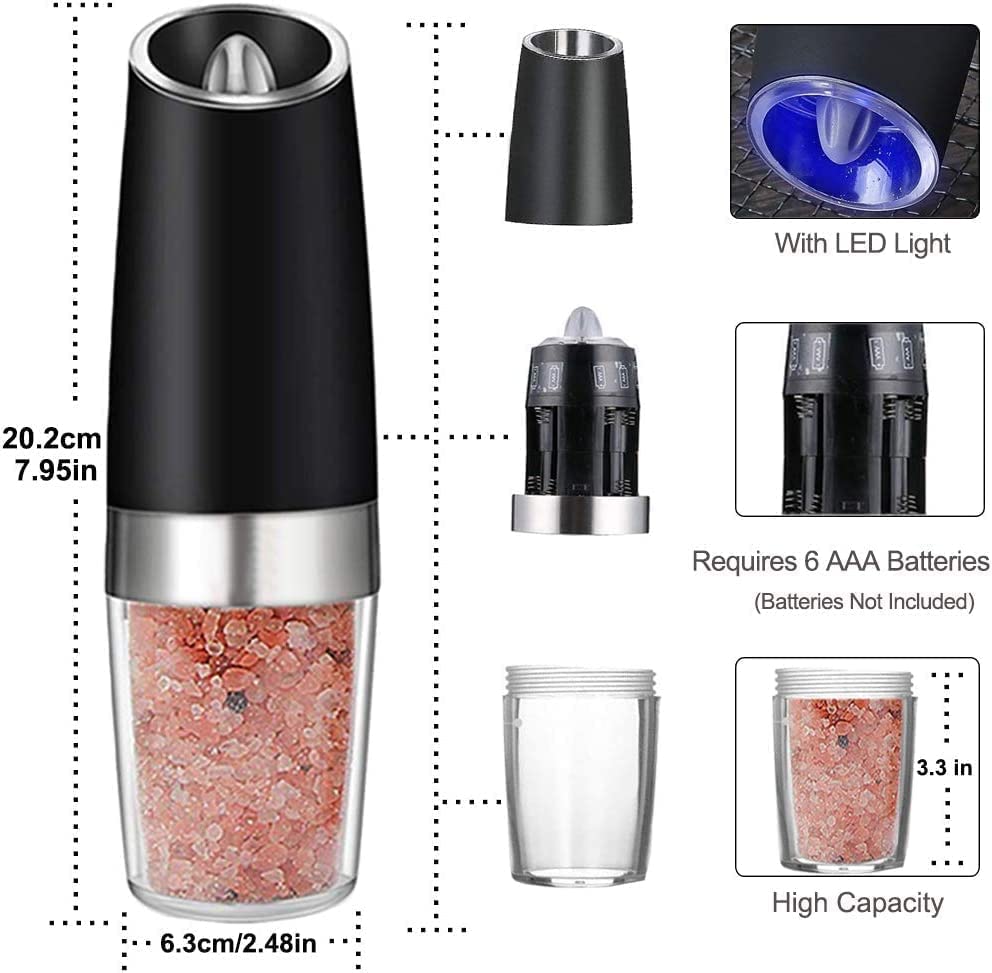 Gravity Electric Salt and Pepper Grinder Set, Automatic Pepper and Salt Mill Grinder Battery-Operated with Adjustable Coarseness, LED Light, One Hand Operated By Rongyuxuan