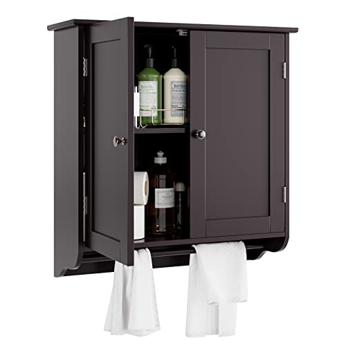 FOTOSOK Bathroom Wall Cabinet with 2 Doors and Adjustable Shelf, 23.6"x24.2" Medicine Cabinet Above Toilet, Wall-Mounted Bathroom Storage Cabinets with a Towel Bar for Bedroom, Kitchen, Dark Brown