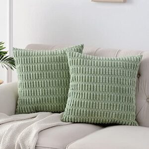 fancy homi 2 packs sage green decorative throw pillow covers 18x18 inch for living room couch bed sofa, soft striped corduroy square cushion case 45x45 cm, rustic farmhouse boho home decor