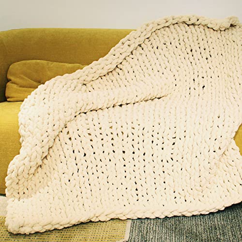 Casaphoria Luxury Chunky Knit Throw Blanket-Large Cable Knitted Soft Cozy Polyester Chenille Bulky Blankets for Cuddling up in Bed, on The Couch or Sofa,Home Decor, Gift, 50"x60",Pack of 1,Beige