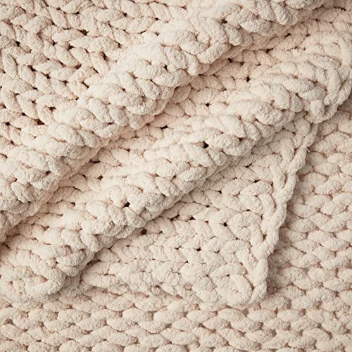 Casaphoria Luxury Chunky Knit Throw Blanket-Large Cable Knitted Soft Cozy Polyester Chenille Bulky Blankets for Cuddling up in Bed, on The Couch or Sofa,Home Decor, Gift, 50"x60",Pack of 1,Beige