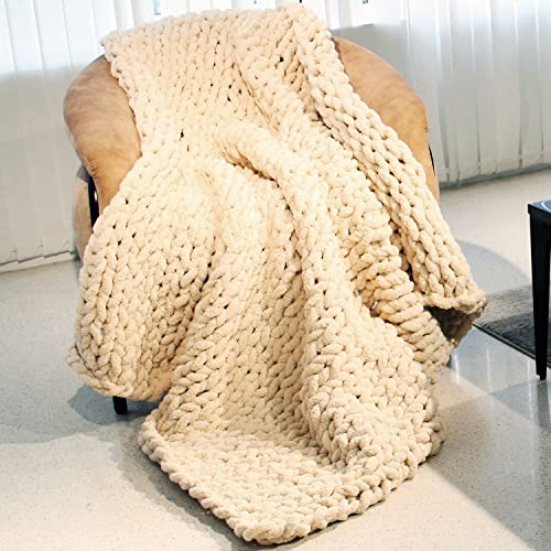Casaphoria Luxury Chunky Knit Throw Blanket-Large Cable Knitted Soft Cozy Polyester Chenille Bulky Blankets for Cuddling up in Bed, on The Couch or Sofa,Home Decor, Gift, 50"x60",Pack of 1,Beige