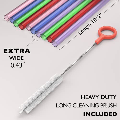Fiesta First 10 EXTRA WIDE Long Reusable Hard Plastic Drinking Straws + Sturdy Cleaning Brush - Fat for Boba, Bubble Tea, Large Thick Smoothies - Assorted - Dishwasher Safe BPA PFOA Free