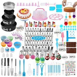 cake decorating kit,635 pcs cake decorating supplies with 3 springform pan sets icing piping nozzles cake rotating turntable cake topper piping bags cake carrier holder,cake baking supplies set tools