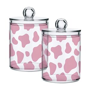 clear plastic jar set for cotton ball, cotton swab, cotton round pads, floss, pink cow print pattern bathroom canisters storage organizer, vanity makeup organizer,2pack
