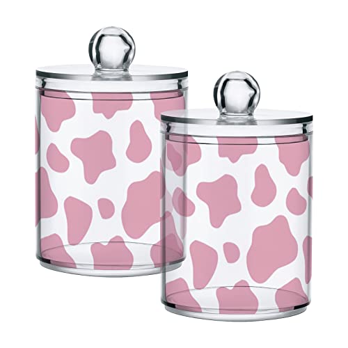 Clear Plastic Jar Set for Cotton Ball, Cotton Swab, Cotton Round Pads, Floss, Pink Cow Print Pattern Bathroom Canisters Storage Organizer, Vanity Makeup Organizer,2Pack