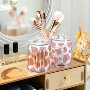 Clear Plastic Jar Set for Cotton Ball, Cotton Swab, Cotton Round Pads, Floss, Pink Cow Print Pattern Bathroom Canisters Storage Organizer, Vanity Makeup Organizer,2Pack