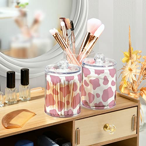 Clear Plastic Jar Set for Cotton Ball, Cotton Swab, Cotton Round Pads, Floss, Pink Cow Print Pattern Bathroom Canisters Storage Organizer, Vanity Makeup Organizer,2Pack