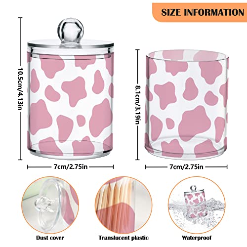 Clear Plastic Jar Set for Cotton Ball, Cotton Swab, Cotton Round Pads, Floss, Pink Cow Print Pattern Bathroom Canisters Storage Organizer, Vanity Makeup Organizer,2Pack