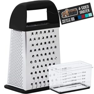 gorilla grip stainless steel box grater, 4-sided xl cheese and spice graters with handle, slice, shred, grate vegetables, ginger, potatoes, handheld food shredder, zester, includes container, black
