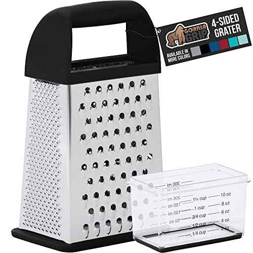 Gorilla Grip Stainless Steel Box Grater, 4-Sided XL Cheese and Spice Graters with Handle, Slice, Shred, Grate Vegetables, Ginger, Potatoes, Handheld Food Shredder, Zester, Includes Container, Black