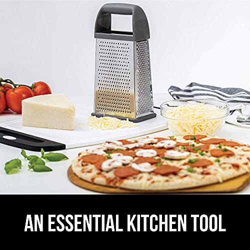 Gorilla Grip Stainless Steel Box Grater, 4-Sided XL Cheese and Spice Graters with Handle, Slice, Shred, Grate Vegetables, Ginger, Potatoes, Handheld Food Shredder, Zester, Includes Container, Black