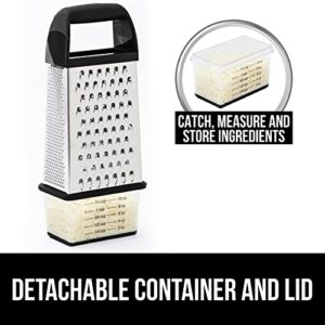 Gorilla Grip Stainless Steel Box Grater, 4-Sided XL Cheese and Spice Graters with Handle, Slice, Shred, Grate Vegetables, Ginger, Potatoes, Handheld Food Shredder, Zester, Includes Container, Black