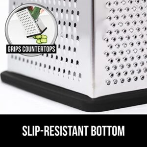 Gorilla Grip Stainless Steel Box Grater, 4-Sided XL Cheese and Spice Graters with Handle, Slice, Shred, Grate Vegetables, Ginger, Potatoes, Handheld Food Shredder, Zester, Includes Container, Black