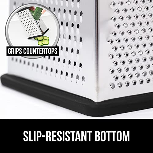 Gorilla Grip Stainless Steel Box Grater, 4-Sided XL Cheese and Spice Graters with Handle, Slice, Shred, Grate Vegetables, Ginger, Potatoes, Handheld Food Shredder, Zester, Includes Container, Black