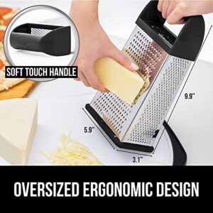 Gorilla Grip Stainless Steel Box Grater, 4-Sided XL Cheese and Spice Graters with Handle, Slice, Shred, Grate Vegetables, Ginger, Potatoes, Handheld Food Shredder, Zester, Includes Container, Black