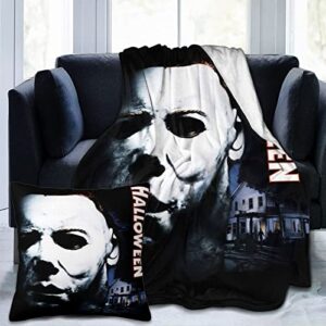 2pcs horror movie watching halloween michael myers throw blanket scary movie scream for couch sofa or bed 50inch*60inch pillow covers 18 * 18inch