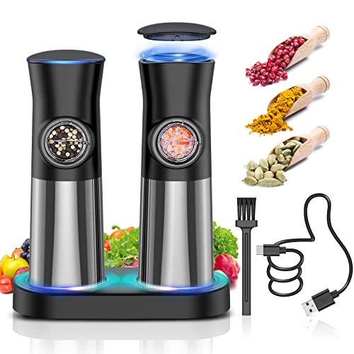 Gravity-Electric-Salt-and-Pepper-Grinder-Set - 𝐔𝐩𝐠𝐫𝐚𝐝𝐞𝐝 Large Capacity - USB Rechargeable Automatic Pepper Mill Grinder - Adjustable Coarseness - One Hand Operated - Stainless Steel, LED Light