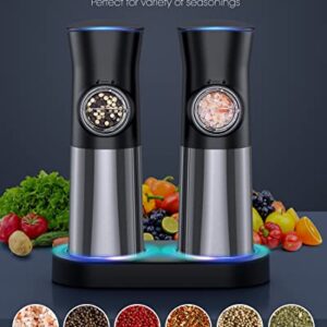 Gravity-Electric-Salt-and-Pepper-Grinder-Set - 𝐔𝐩𝐠𝐫𝐚𝐝𝐞𝐝 Large Capacity - USB Rechargeable Automatic Pepper Mill Grinder - Adjustable Coarseness - One Hand Operated - Stainless Steel, LED Light