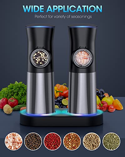 Gravity-Electric-Salt-and-Pepper-Grinder-Set - 𝐔𝐩𝐠𝐫𝐚𝐝𝐞𝐝 Large Capacity - USB Rechargeable Automatic Pepper Mill Grinder - Adjustable Coarseness - One Hand Operated - Stainless Steel, LED Light