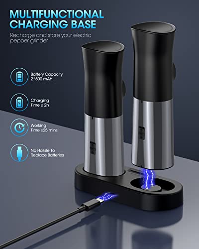 Gravity-Electric-Salt-and-Pepper-Grinder-Set - 𝐔𝐩𝐠𝐫𝐚𝐝𝐞𝐝 Large Capacity - USB Rechargeable Automatic Pepper Mill Grinder - Adjustable Coarseness - One Hand Operated - Stainless Steel, LED Light