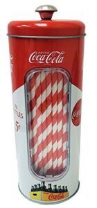 the tin box company coke holder tin with 20 paper straws inside, 3-3/8 x 8-1/4"h, red and white