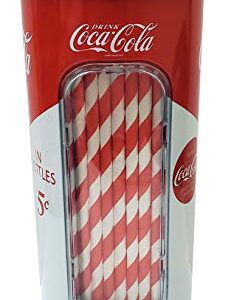 The Tin Box Company Coke Holder Tin with 20 Paper Straws Inside, 3-3/8 x 8-1/4"H, Red and White