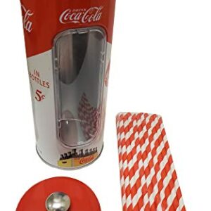 The Tin Box Company Coke Holder Tin with 20 Paper Straws Inside, 3-3/8 x 8-1/4"H, Red and White