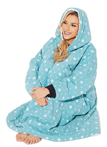 Wearable Blanket Hoodie,Super Soft Warm Oversized Blanket Sweatshirt Flannel Sherpa Blanket with Giant Pocket for Men Women Teens Friends (Blue Snowflake)