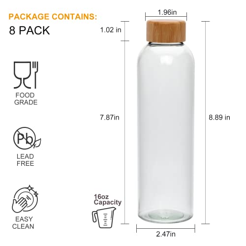 Encheng 16oz Glass Bottle with Lid,Glass Beverage Bottles with Bamboo Lids Set of 8,Reusable Drinking Bottles with Leak proof Cap 500ml,Glass Bottles for Juicing,to Go Travel Bottles for Drink,Sauce