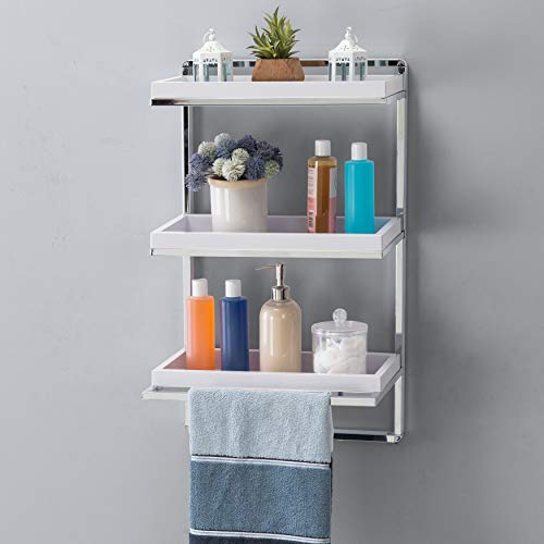 Danya B. Wall Mounted 3-Tier Bathroom Shelf with Towel Bar and Removable Trays, White and Chrome