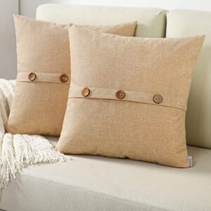 futei sand linen decorative throw pillow covers 20x20 inch set of 2, square cushion case with vintage button/zipper,modern farmhouse home decor for couch,bed