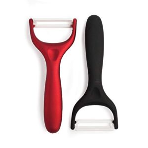 cooking light ceramic peeler set with ultra sharp and durable blades, ergonomic handles black and red kitchen tools, 2 piece, black/red