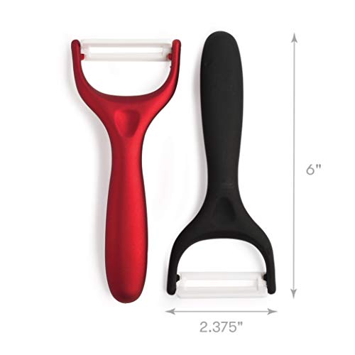 Cooking Light Ceramic Peeler Set with Ultra Sharp and Durable Blades, Ergonomic Handles Black and Red Kitchen Tools, 2 Piece, Black/Red