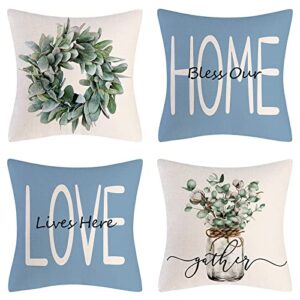 wyooxoo throw pillow covers 18x18 set of 4 farmhouse blue pillow covers cushion cases decorative pillowcases for sofa couch living room outdoor home decor (blue, 18" x 18")