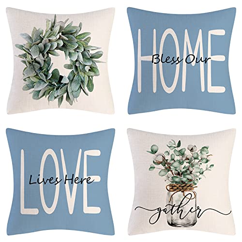 wyooxoo Throw Pillow Covers 18x18 Set of 4 Farmhouse Blue Pillow Covers Cushion Cases Decorative Pillowcases for Sofa Couch Living Room Outdoor Home Decor (Blue, 18" x 18")