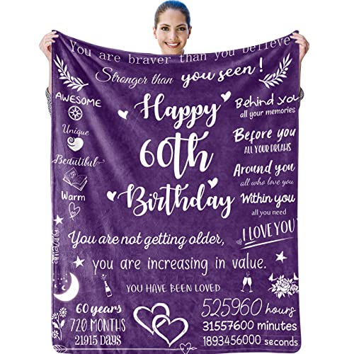 60th Birthday Gifts for Women Blanket, Happy 60th Birthday Decorations Women Throw Blanket, 50x60’’ 1963 Birthday Gifts for Women Throws, 60 Year Old Gift Ideas, Cheers to 60 Years Gifts, Purple