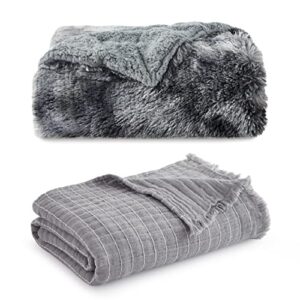 bedsure faux fur throw blankets tie-dye throw & bedsure 100% cotton muslin blankets grey throw