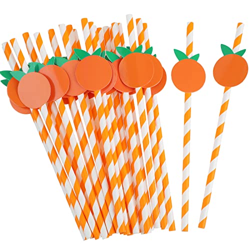 100 Pcs Orange Paper Straws Little Cutie Baby Shower Straws Orange Fruit Straws Disposable Drinking Paper Straws for Baby Shower Decorations Birthday Party Supplies, 0.24 x 7.76 Inches