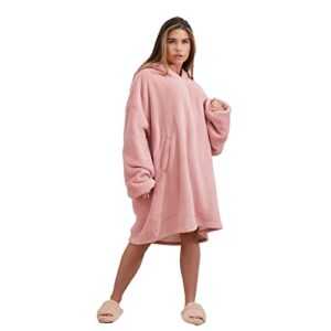 ohs hoodie blanket giant fleece wearable blanket cosy plush coral sherpa oversized jumper ultra soft sweatshirt with pockets, blush pink