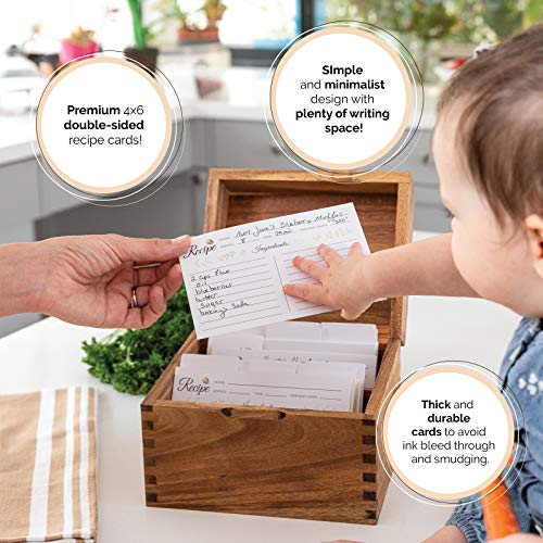 Recipe Box with Cards and Dividers 4x6 - Wooden Recipe card box set includes an acrylic recipe card holder, 50 premium recipe cards and 12 dividers - Large recipe box with 2 adjustable compartments