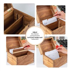 Recipe Box with Cards and Dividers 4x6 - Wooden Recipe card box set includes an acrylic recipe card holder, 50 premium recipe cards and 12 dividers - Large recipe box with 2 adjustable compartments