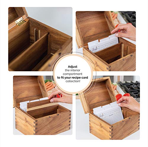 Recipe Box with Cards and Dividers 4x6 - Wooden Recipe card box set includes an acrylic recipe card holder, 50 premium recipe cards and 12 dividers - Large recipe box with 2 adjustable compartments