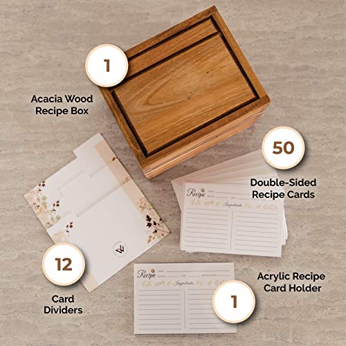 Recipe Box with Cards and Dividers 4x6 - Wooden Recipe card box set includes an acrylic recipe card holder, 50 premium recipe cards and 12 dividers - Large recipe box with 2 adjustable compartments