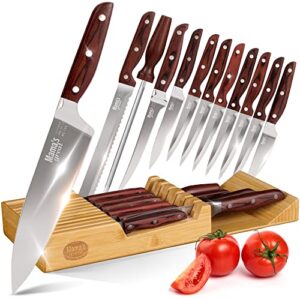 mama's great 12 piece high carbon stainless steel kitchen knife set with bamboo drawer organizer - chef, fillet, bread, utility, paring, steak knives & honing rod